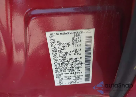 2006 Nissan Frontier Le z USA, uszkodzony, nr VIN 1N6AD07W66C444863